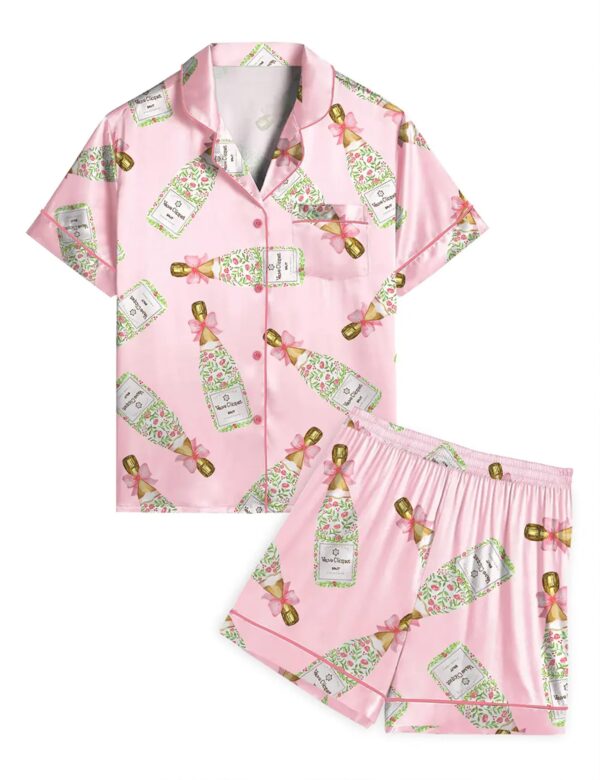 Girly Champagne Bow Silky Casual Short Sleeve Pajama Set for Women, Pink