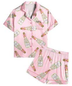 Girly Champagne Bow Silky Casual Short Sleeve Pajama Set for Women, Pink