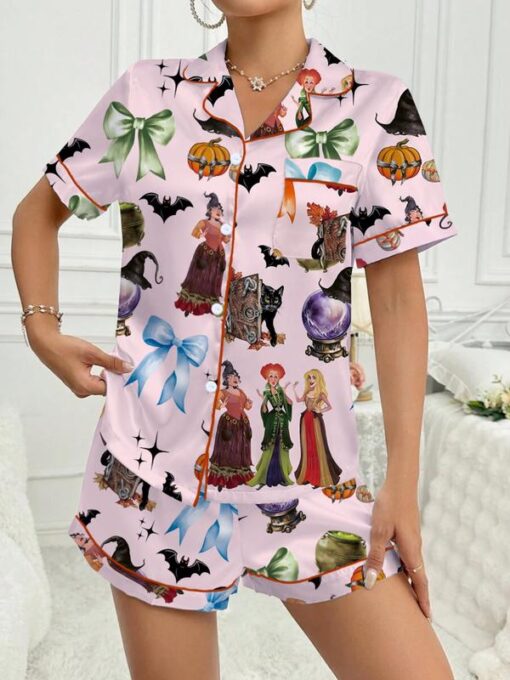 Halloween Pumpkin & Bat Print Satin Pajama Set - Image 4