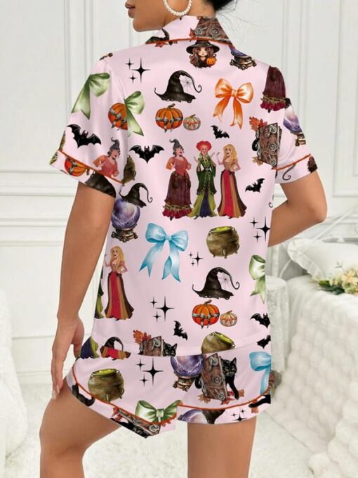 Halloween Pumpkin & Bat Print Satin Pajama Set - Image 6