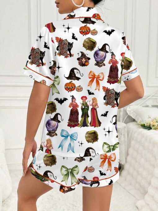Halloween Pumpkin & Bat Print Satin Pajama Set - Image 2