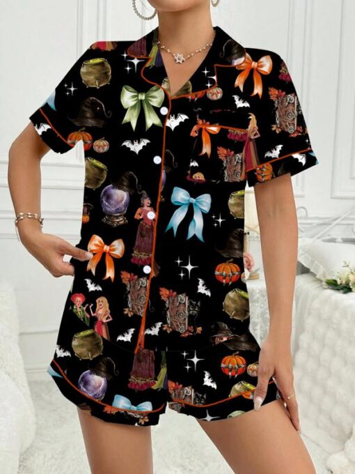 Halloween Pumpkin & Bat Print Satin Pajama Set - Image 9