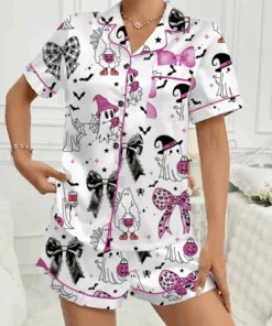 Halloween Pumpkin & Bat Print Satin Pajama Set, Comfortable Sleepwear for Halloween