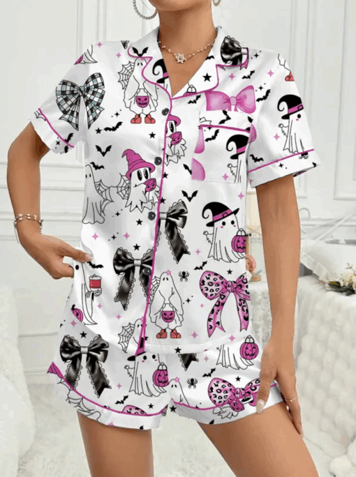 Halloween Pumpkin & Bat Print Satin Pajama Set, Comfortable Sleepwear for Halloween