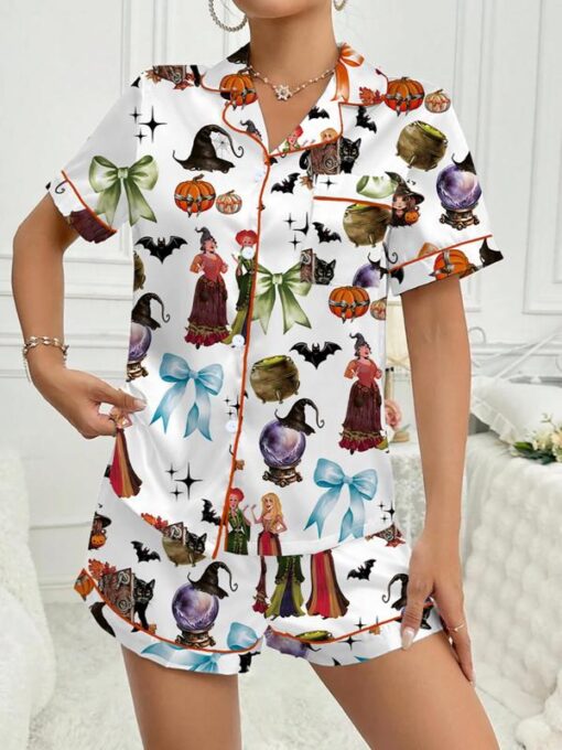 Halloween Pumpkin & Bat Print Satin Pajama Set
