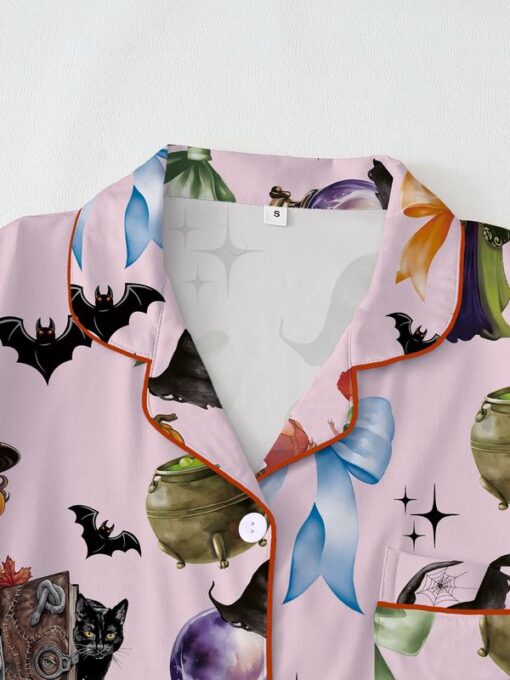Halloween Pumpkin & Bat Print Satin Pajama Set - Image 5