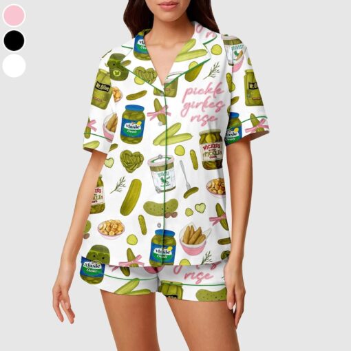 Women's Pickle Print Satin Pajamas Set Printed Comfortable Satin Pajamas and Loungewear Pjs Short Sleeve Top & Shorts Withought Pockets - Image 2