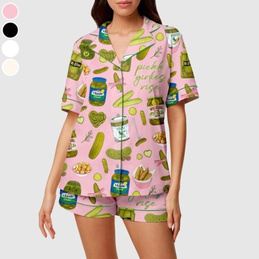 Women's Pickle Print Satin Pajamas Set Printed Comfortable Satin Pajamas and Loungewear Pjs Short Sleeve Top & Shorts Withought Pockets - Image 3