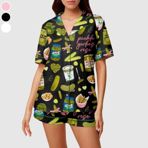 Women's Pickle Print Satin Pajamas Set Printed Comfortable Satin Pajamas and Loungewear Pjs Short Sleeve Top & Shorts Withought Pockets - Image 4
