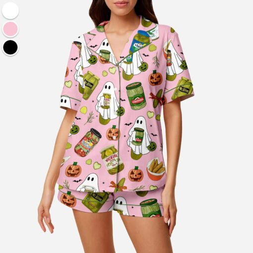 Halloween Pickle Print Satin Pajamas Set Printed Comfortable Satin Pajamas and Loungewear Pjs Short Sleeve Top & Shorts Withought Pockets - Image 4
