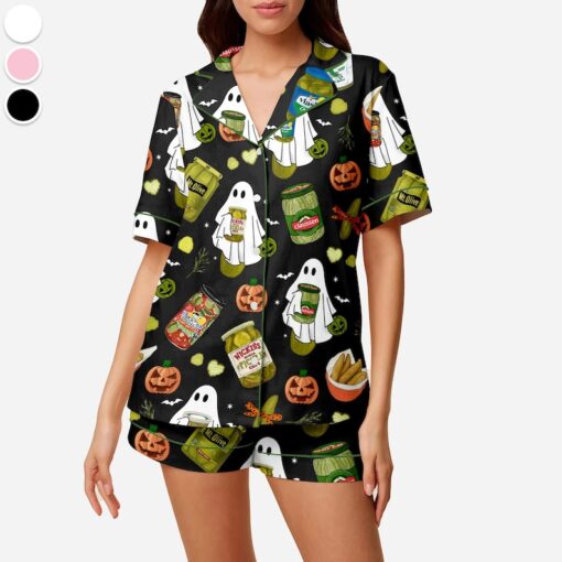 Halloween Pickle Print Satin Pajamas Set Printed Comfortable Satin Pajamas and Loungewear Pjs Short Sleeve Top & Shorts Withought Pockets - Image 2