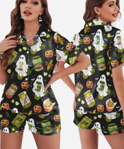 Halloween Pickle Print Satin Pajamas Set Printed Comfortable Satin Pajamas and Loungewear Pjs Short Sleeve Top & Shorts Withought Pockets