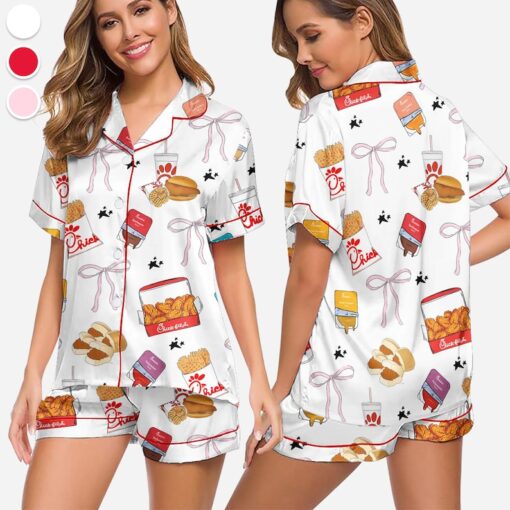 Coquette Chicken Nuggets Satin Pajamas Set, Chick-Fil-A Sleepwear, Chick-Fil-A Lovers Loungewear, Gift For Her, Premium Satin Pajamas - Image 3