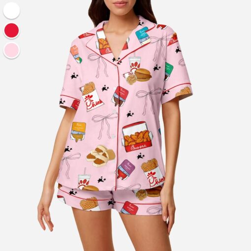 Coquette Chicken Nuggets Satin Pajamas Set, Chick-Fil-A Sleepwear, Chick-Fil-A Lovers Loungewear, Gift For Her, Premium Satin Pajamas - Image 2