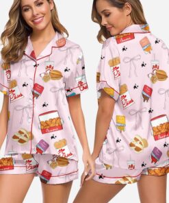 Coquette Chicken Nuggets Satin Pajamas Set, Chick-Fil-A Sleepwear, Chick-Fil-A Lovers Loungewear, Gift For Her, Premium Satin Pajamas