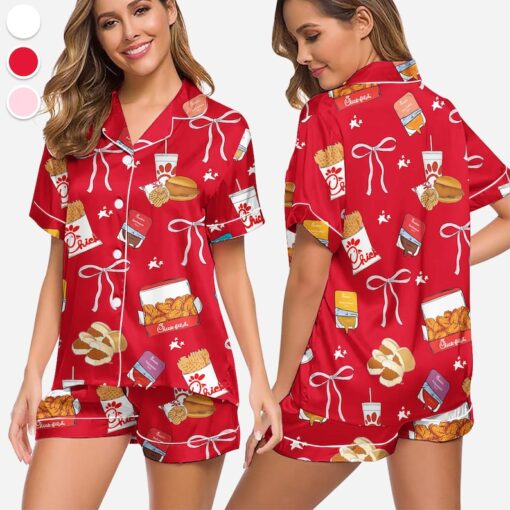 Coquette Chicken Nuggets Satin Pajamas Set, Chick-Fil-A Sleepwear, Chick-Fil-A Lovers Loungewear, Gift For Her, Premium Satin Pajamas - Image 5