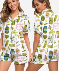Women's Pickle Print Satin Pajamas Set Printed Comfortable Satin Pajamas and Loungewear Pjs Short Sleeve Top & Shorts Withought Pockets