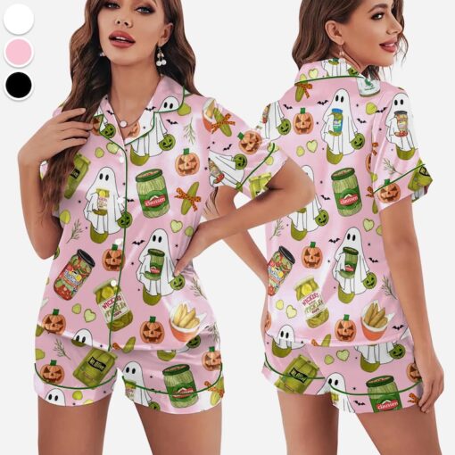 Halloween Pickle Print Satin Pajamas Set Printed Comfortable Satin Pajamas and Loungewear Pjs Short Sleeve Top & Shorts Withought Pockets - Image 3