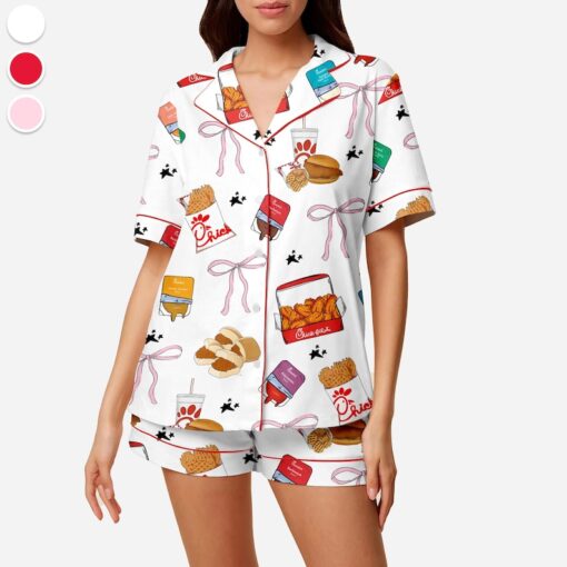 Coquette Chicken Nuggets Satin Pajamas Set, Chick-Fil-A Sleepwear, Chick-Fil-A Lovers Loungewear, Gift For Her, Premium Satin Pajamas - Image 4