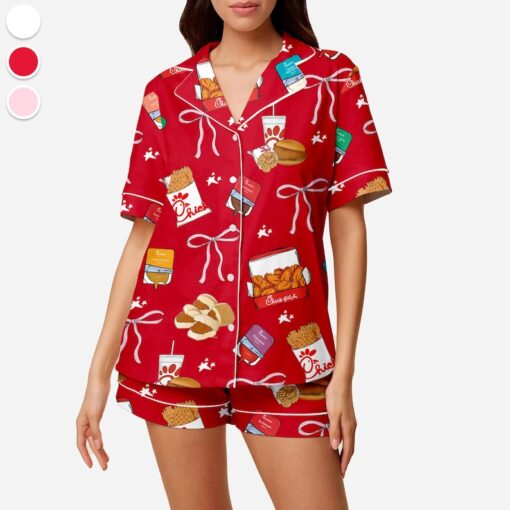 Coquette Chicken Nuggets Satin Pajamas Set, Chick-Fil-A Sleepwear, Chick-Fil-A Lovers Loungewear, Gift For Her, Premium Satin Pajamas - Image 6