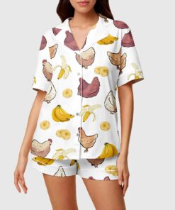 Funny Chicken And Banana Satin Pajamas Set, Chicken Lover , Farm Animal Pajamas For Women