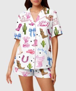 Pink Cowgirl Satin Pajama Set, Women's Western Pajama Short Set, Cactus & Cowgirl Print Summer Lounge Set