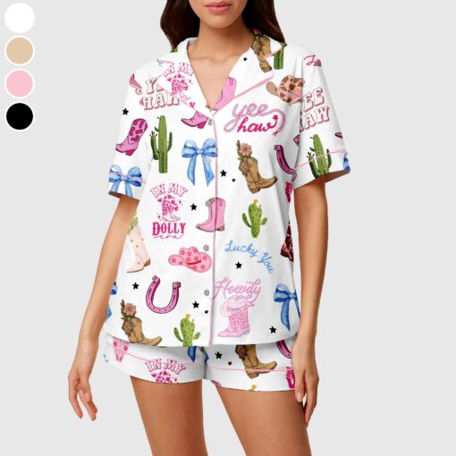 Pink Cowgirl Satin Pajama Set, Women's Western Pajama Short Set, Cactus & Cowgirl Print Summer Lounge Set