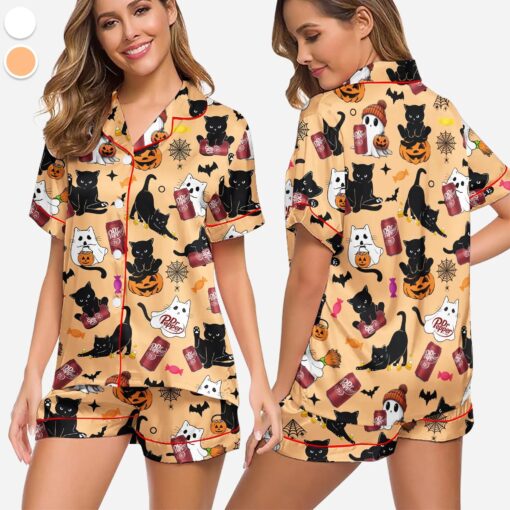 Halloween Dr Pepper Satin Pajamas Set, Coquette Halloween, Dr Pepper Lovers Sleepwear