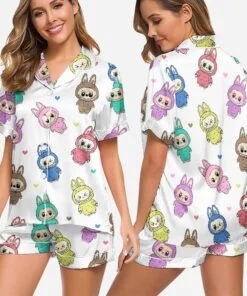 Labubu Horror Satin Pajamas Set, Horror Character Pajamas, Button Up Sleepwear