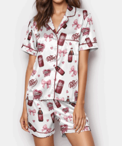 Dr Pepper Satin Pajamas for Women – Cute Pink Bow Sleepwear Set