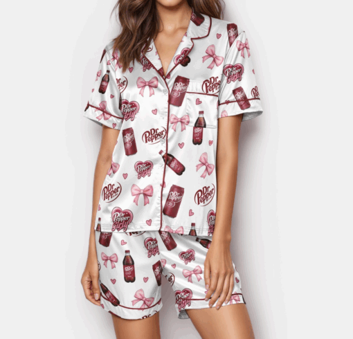 Dr Pepper Satin Pajamas for Women – Cute Pink Bow Sleepwear Set