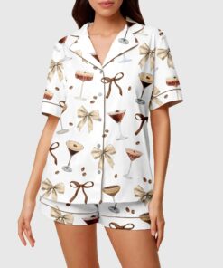 Espresso Martini Short Satin Pajama Set, Espresso Short Sleeve Sleepwear, Champagne Cocktail Satin Sleepwear