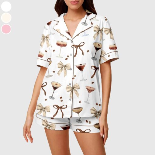 Espresso Martini Short Satin Pajama Set, Espresso Short Sleeve Sleepwear, Champagne Cocktail Satin Sleepwear