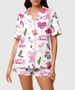 Flamingo Cowgirl Satin Pajama Set, Flamingo Women's Western Pajama Short Set, Cactus & Cowgirl Print Summer Lounge Set