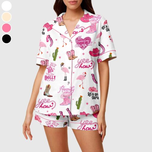 Flamingo Cowgirl Satin Pajama Set, Flamingo Women's Western Pajama Short Set, Cactus & Cowgirl Print Summer Lounge Set
