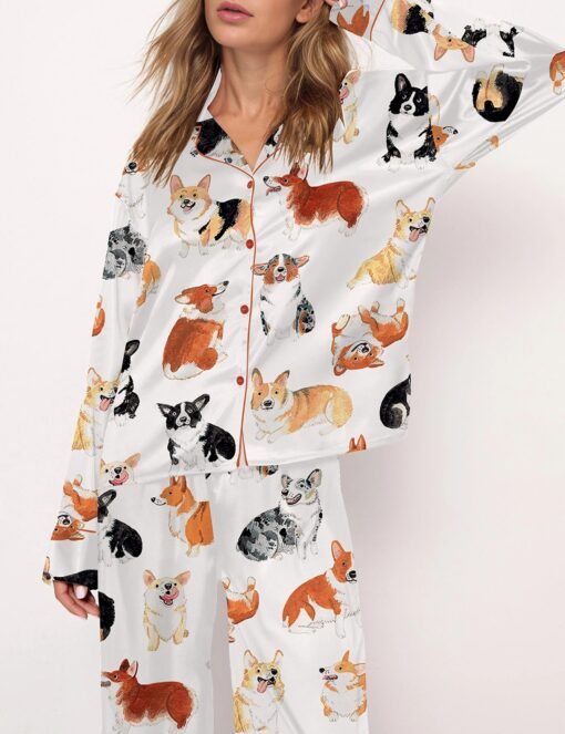 Corgi Print Satin Pajama Set For Women