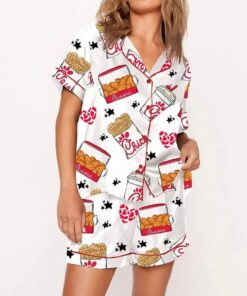 Coquette Fried Food Satin Pajama Set For Women Print Comfy Satin Sleepwear & Loungewear Pjs