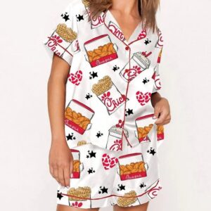 Coquette Fried Food Satin Pajama Set For Women Print Comfy Satin Sleepwear & Loungewear Pjs