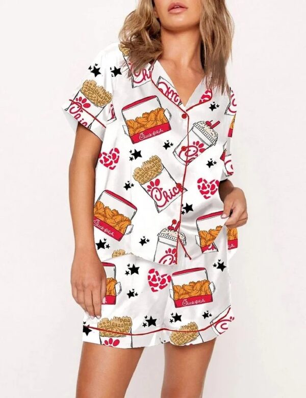 Coquette Fried Food Satin Pajama Set For Women Print Comfy Satin Sleepwear & Loungewear Pjs
