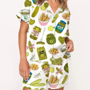 Trendy Watercolor Bows Pajama Set For Women, Print Comfy Satin Sleepwear & Loungewear Pjs