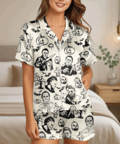 Michael Myers Short Satin Pajamas, Halloween Horror Pajamas, Spooky White Slasher Outfit, Scary Movie Sleepwear, Creepy Killer Fan Gift