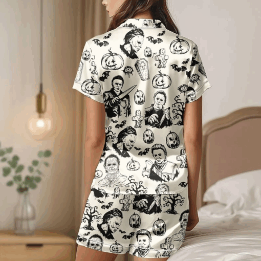 Michael Myers Short Satin Pajamas, Halloween Horror Pajamas, Spooky White Slasher Outfit, Scary Movie Sleepwear, Creepy Killer Fan Gift - Image 3