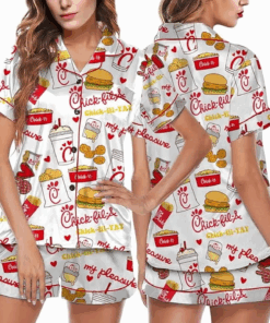 Coquette Fried Food Satin Pajama Set For Women Print Comfy Satin Sleepwear & Loungewear Pjs