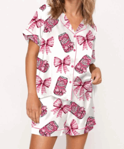 Pink Coquette Pepper Drink Satin Pajama Set For Women