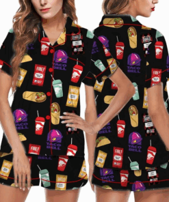 Taco Food Satin Pajamas Set, Print Silky Pajama Set For Women