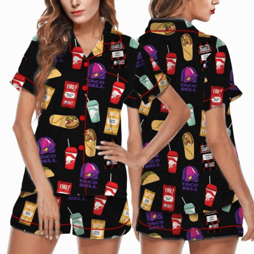 Taco Food Satin Pajamas Set, Print Silky Pajama Set For Women