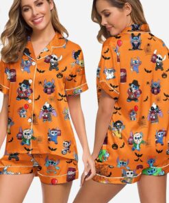 Halloween Dr Pepper Stitch Satin Pajamas Set, Halloween Silk Pajamas, Womenswear