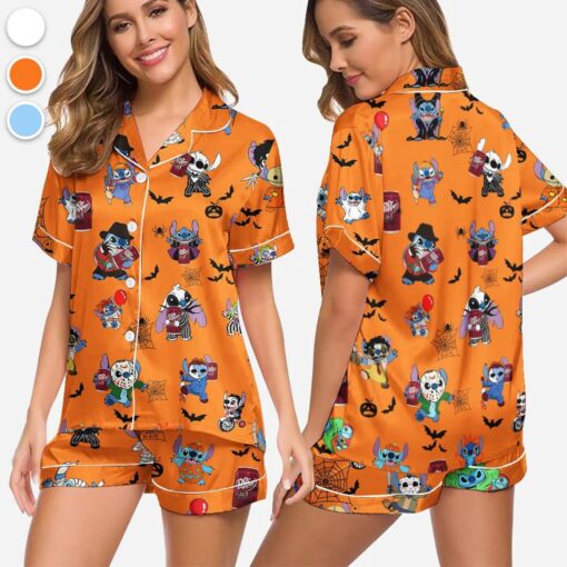 Halloween Dr Pepper Stitch Satin Pajamas Set, Halloween Silk Pajamas, Womenswear