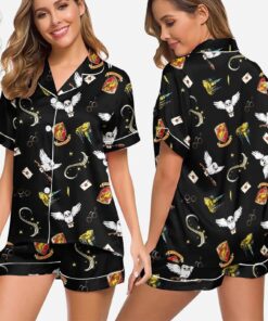 Halloween Wizard Magic Satin Pajama Set, Cute Owl Sleepwear, Witch Theme Homewear