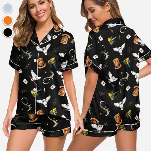 Halloween Wizard Magic Satin Pajama Set, Cute Owl Sleepwear, Witch Theme Homewear